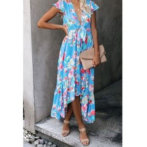 VICI Deep V-Neck Bow Tie Front All Over Floral  High Low Maxi  Dress Small